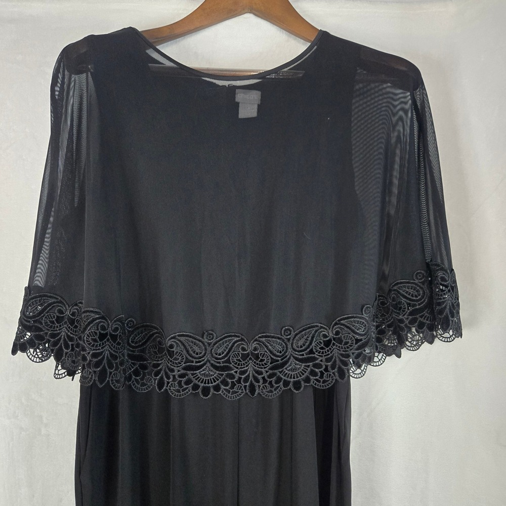 Chicos Black Lace Mesh Capelet Jumpsuit Wide Leg Petite 1P US 8/10 P Pockets